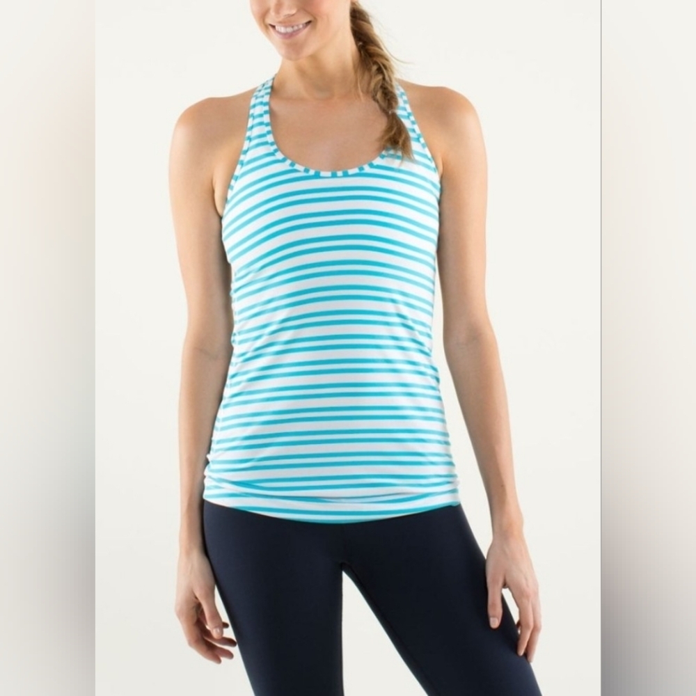 Lululemon Cool Racerback Twin Stripe Spry Blue Fitted Size 6